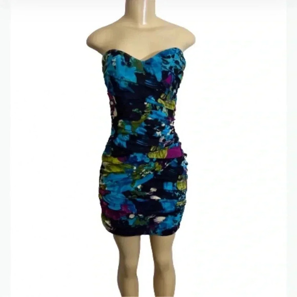 BAILEY BLUE MINI DRESS STRAPLESS FLORAL BLUE AND GREEN STRETCH SIZE MEDIUM - Picture 6 of 7